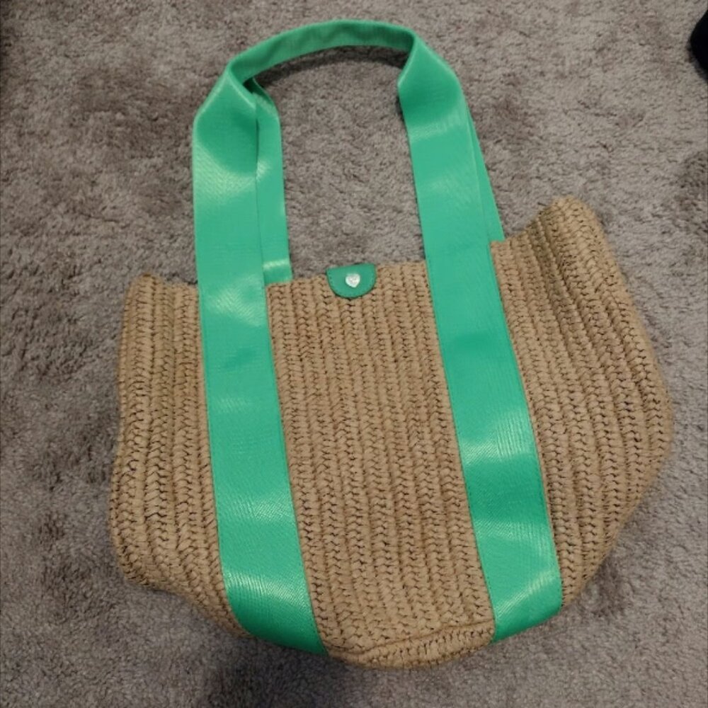 Stoney Clover Lane OOAK market tote in woven raffia with green accents